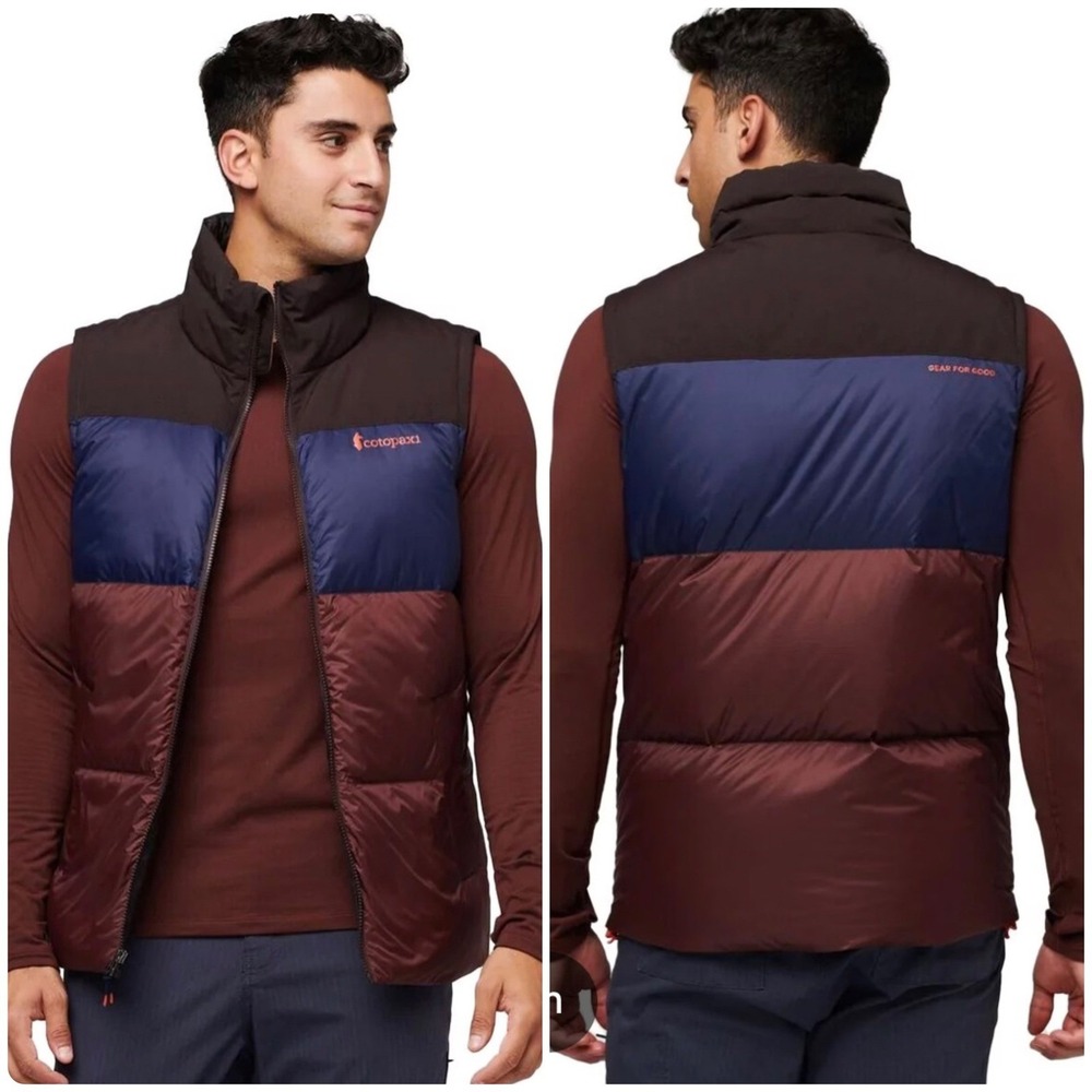 Cotopaxi Solazo Mens Down Puffer Vest Cavern /Chestnut Striped Retro Gorp Sz L